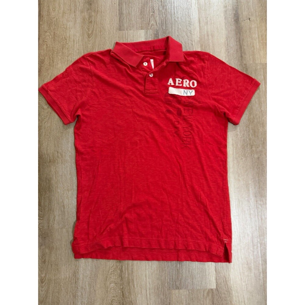 Y2K Aéropostale Men's Red Cotton Knit Polo Shirt Short Sleeve Embroidered Logo L